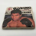 Muhammad Ali portrait printed on square travertine stone coaster