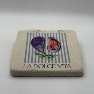 Mussel shell design printed on square travertine stone coaster