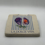 Mussel shell design printed on square travertine stone coaster