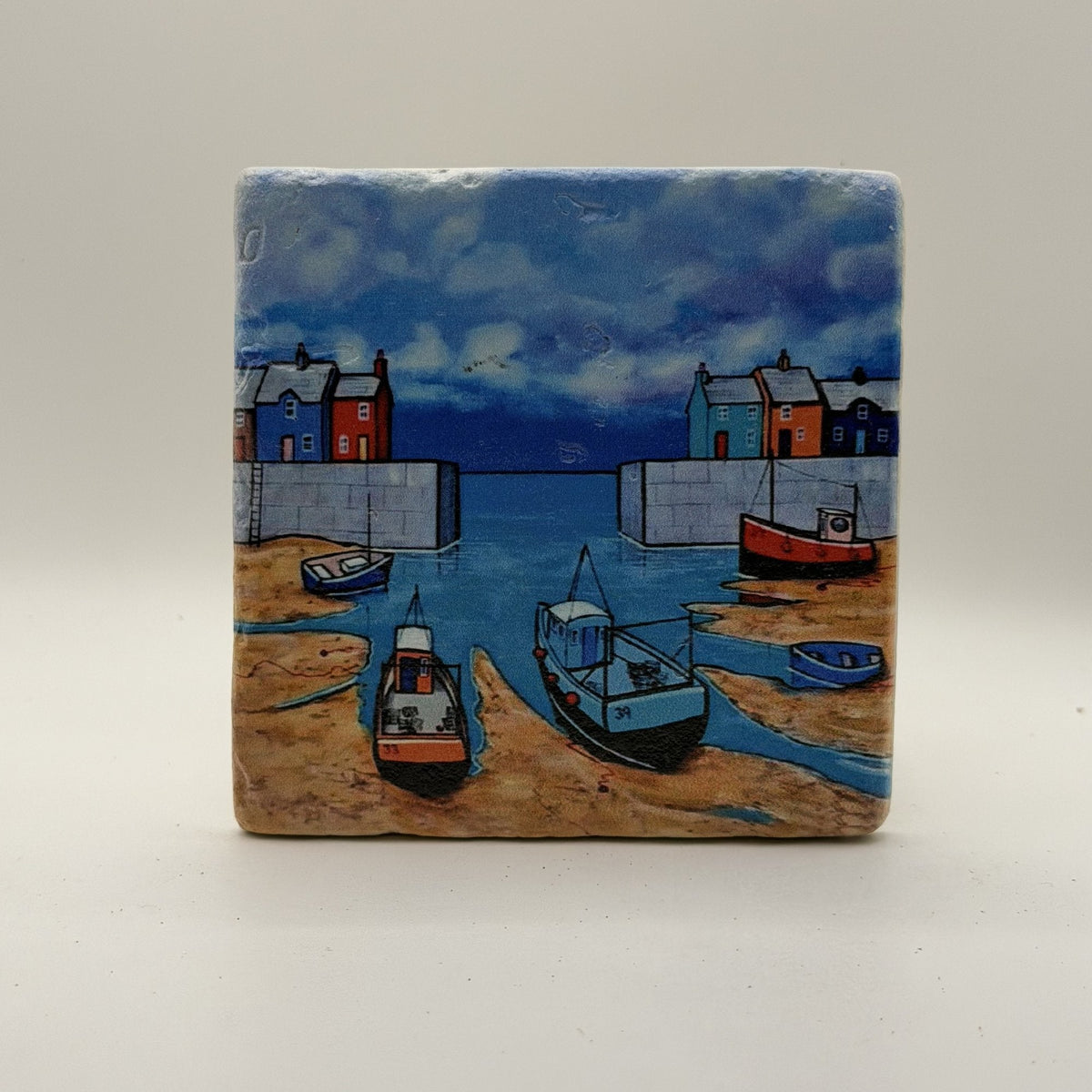 Nature Scene With Boats Natural Travertine Stone Coaster artwork