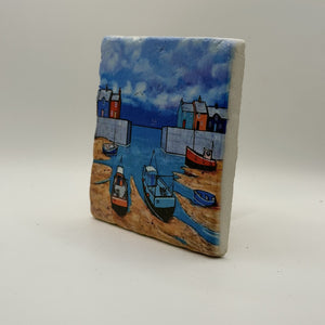 Nature Scene With Boats Natural Travertine Stone Coaster artwork