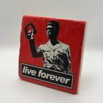 Oasis logo artwork printed on square travertine stone coaster
