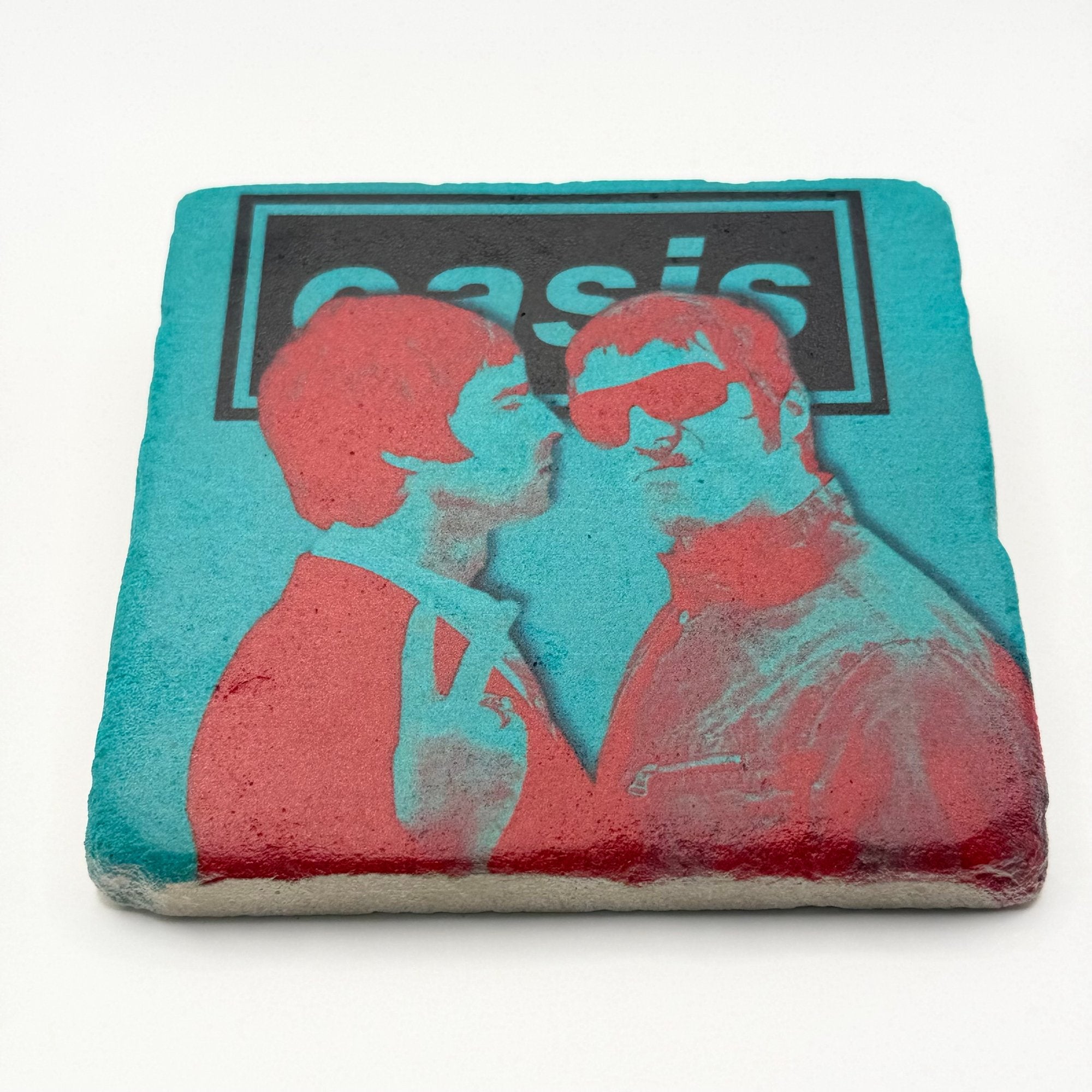 Oasis pop art printed on square travertine stone coaster