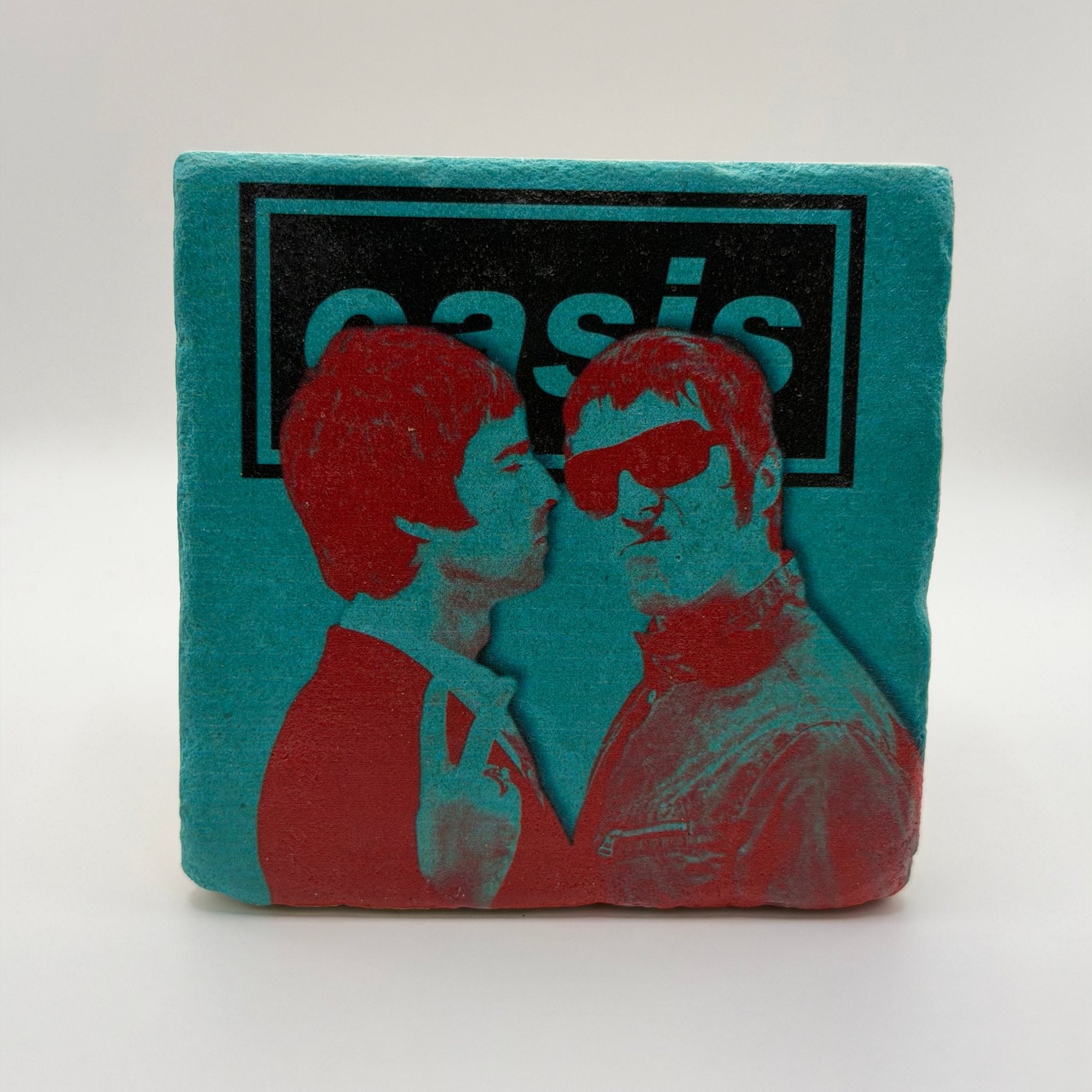 Oasis pop art printed on square travertine stone coaster