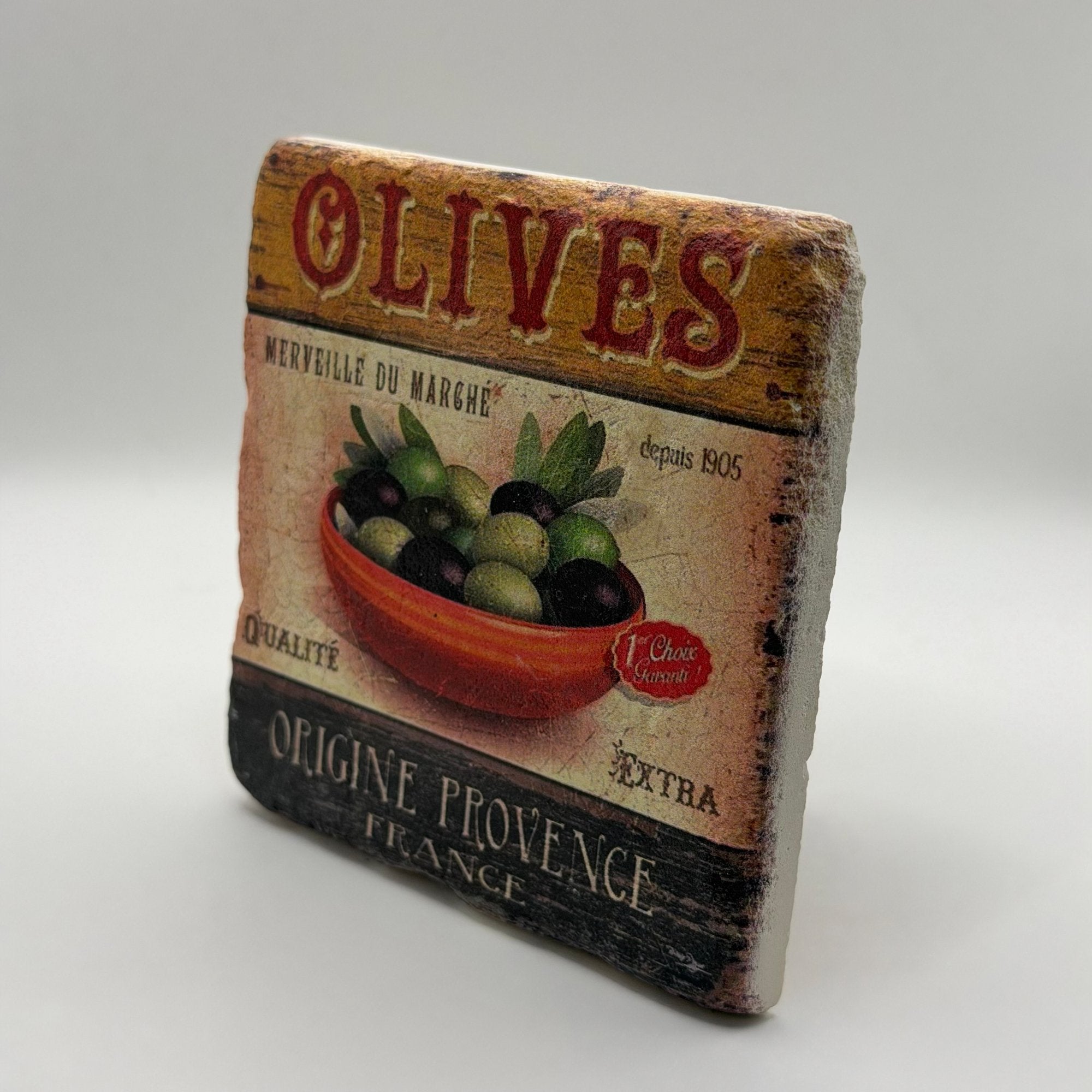 Olive branch artwork printed on square travertine stone coaster
