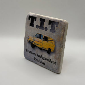 Only Fools And Horses logo printed on square travertine stone coaster