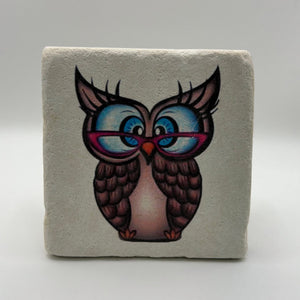 Owl artwork printed on square travertine stone coaster