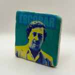 Pablo Escobar portrait printed on square travertine stone coaster