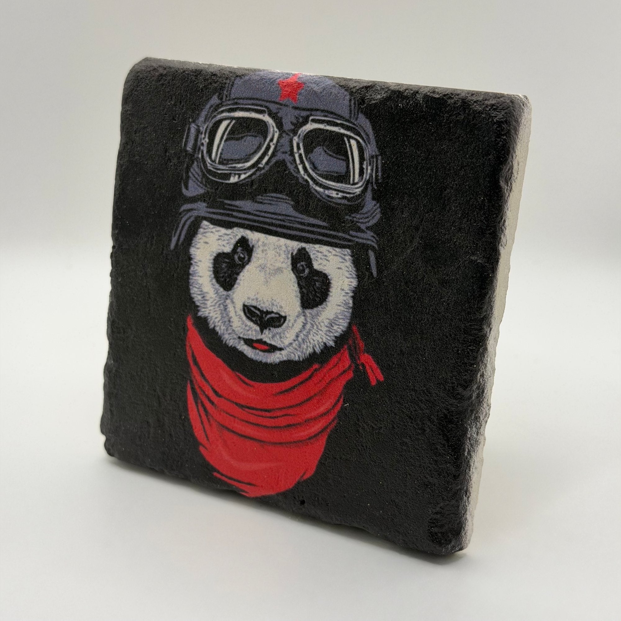 Cute panda artwork printed on square travertine stone coaster