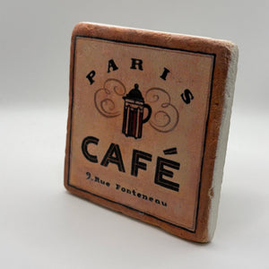 Vintage Paris Cafe artwork printed on square natural travertine stone coaster