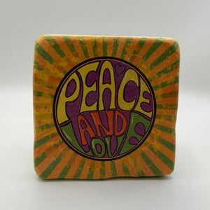 Peace and love slogan printed on square natural travertine stone coaster