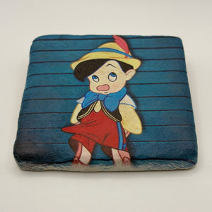 Pinocchio artwork printed on square travertine stone coaster
