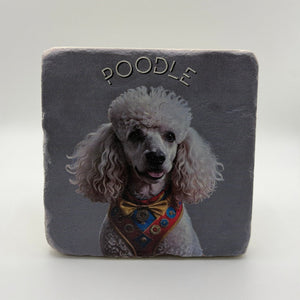 Cute poodle artwork printed on square travertine stone coaster