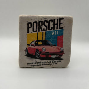 Classic Porsche logo printed on square travertine stone coaster