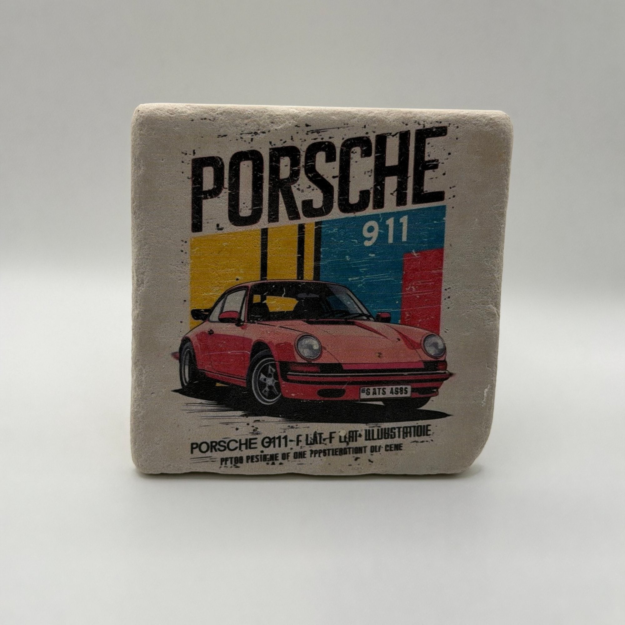 Classic Porsche logo printed on square travertine stone coaster