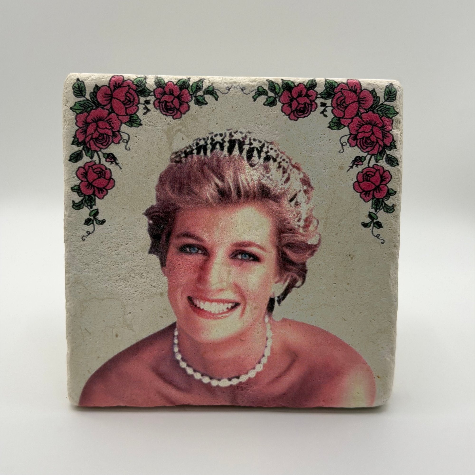 Princess Diana portrait printed on square travertine stone coaster