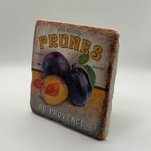 Vintage prunes artwork printed on square travertine stone coaster