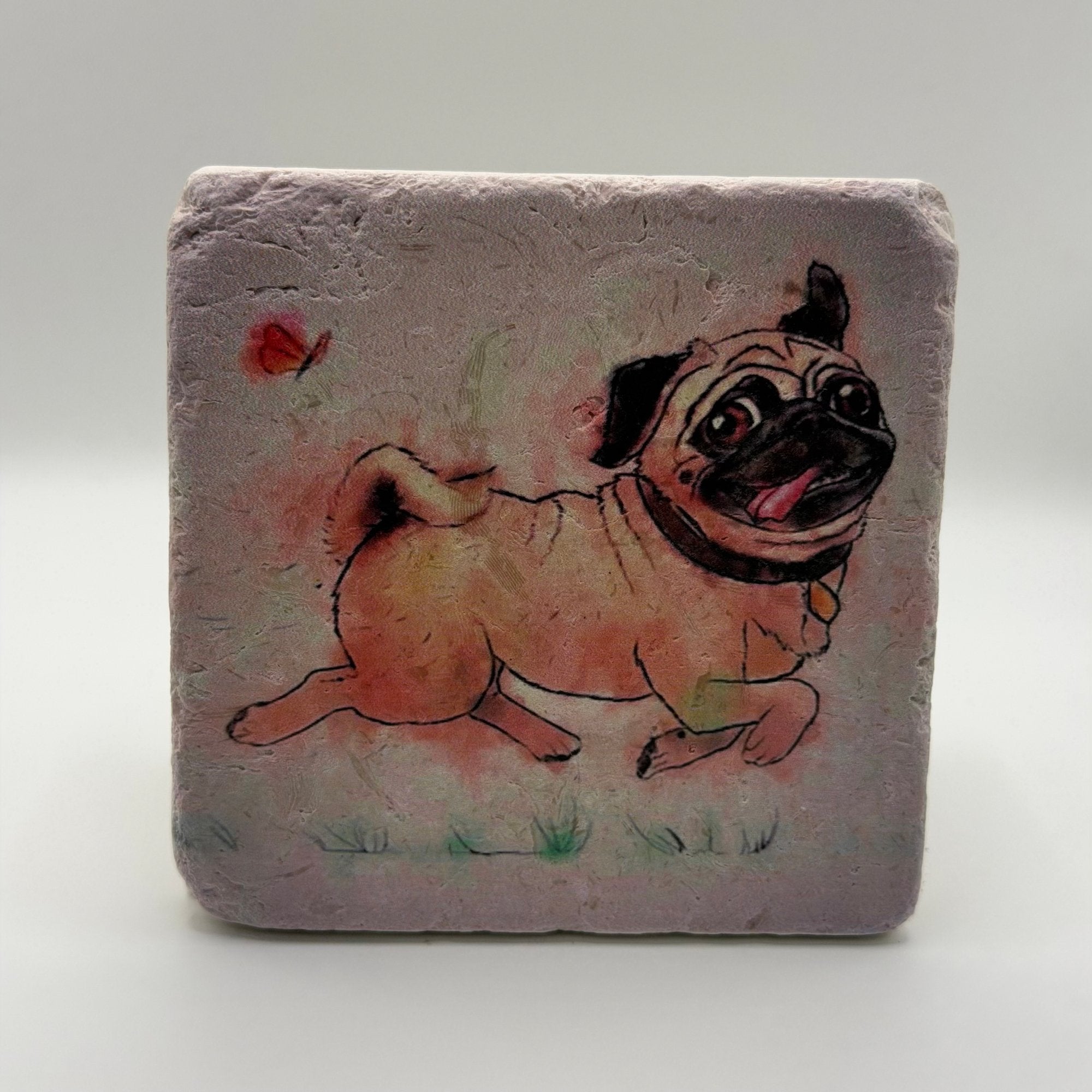 Adorable pug illustration printed on square natural travertine stone coaster