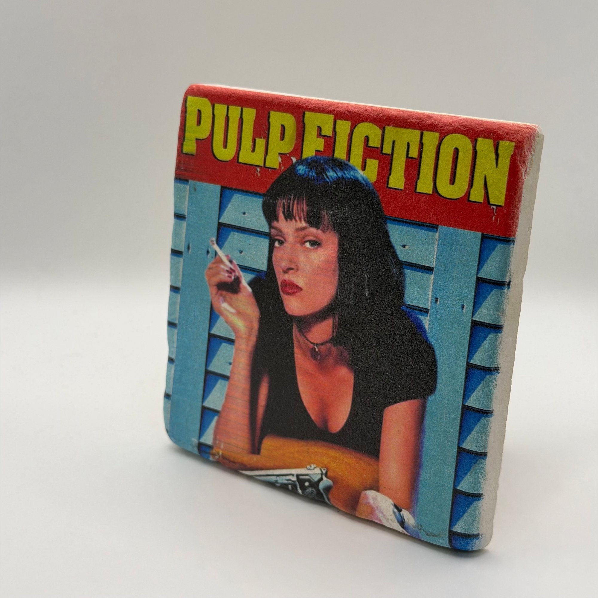 Pulp Fiction movie artwork printed on square travertine stone coaster