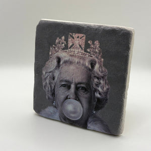 Queen Elizabeth portrait printed on square travertine stone coaster