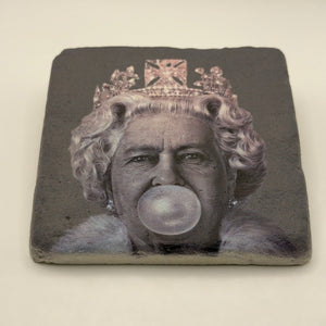 Queen Elizabeth portrait printed on square travertine stone coaster