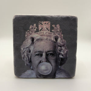 Queen Elizabeth portrait printed on square travertine stone coaster