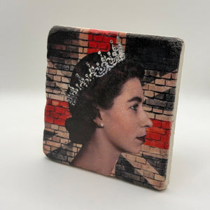 Queen Elizabeth brick wall artwork printed on square travertine stone coaster