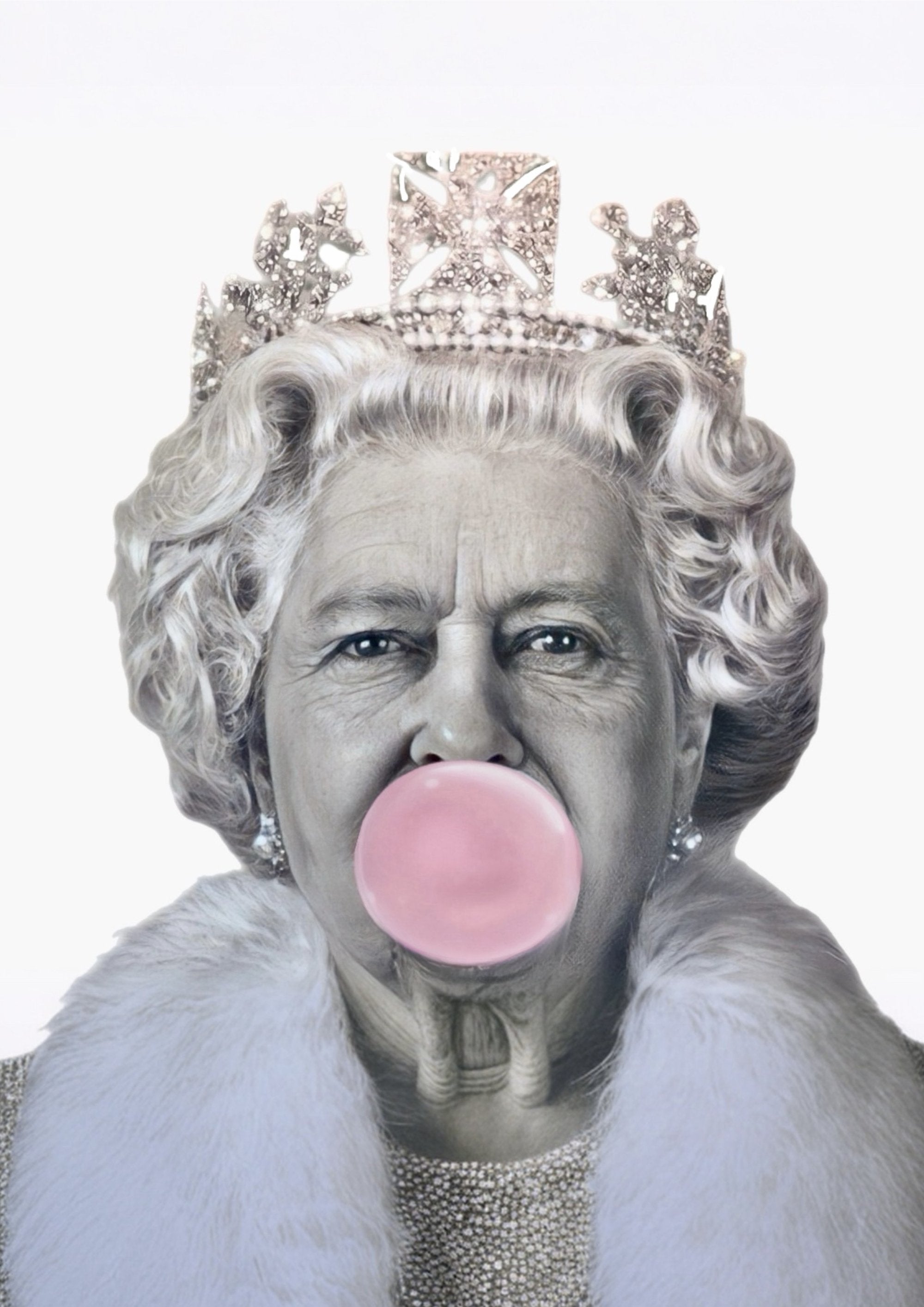 Queen Elizabeth's iconic pink bubblegum artwork printed on MDF wall poster