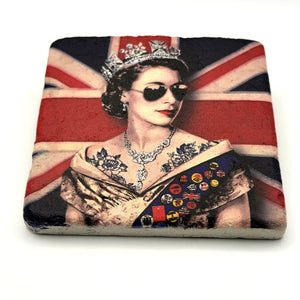Queen Elizabeth II portrait printed on square travertine stone coaster