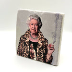 Queen Elizabeth II artwork printed on square travertine stone coaster