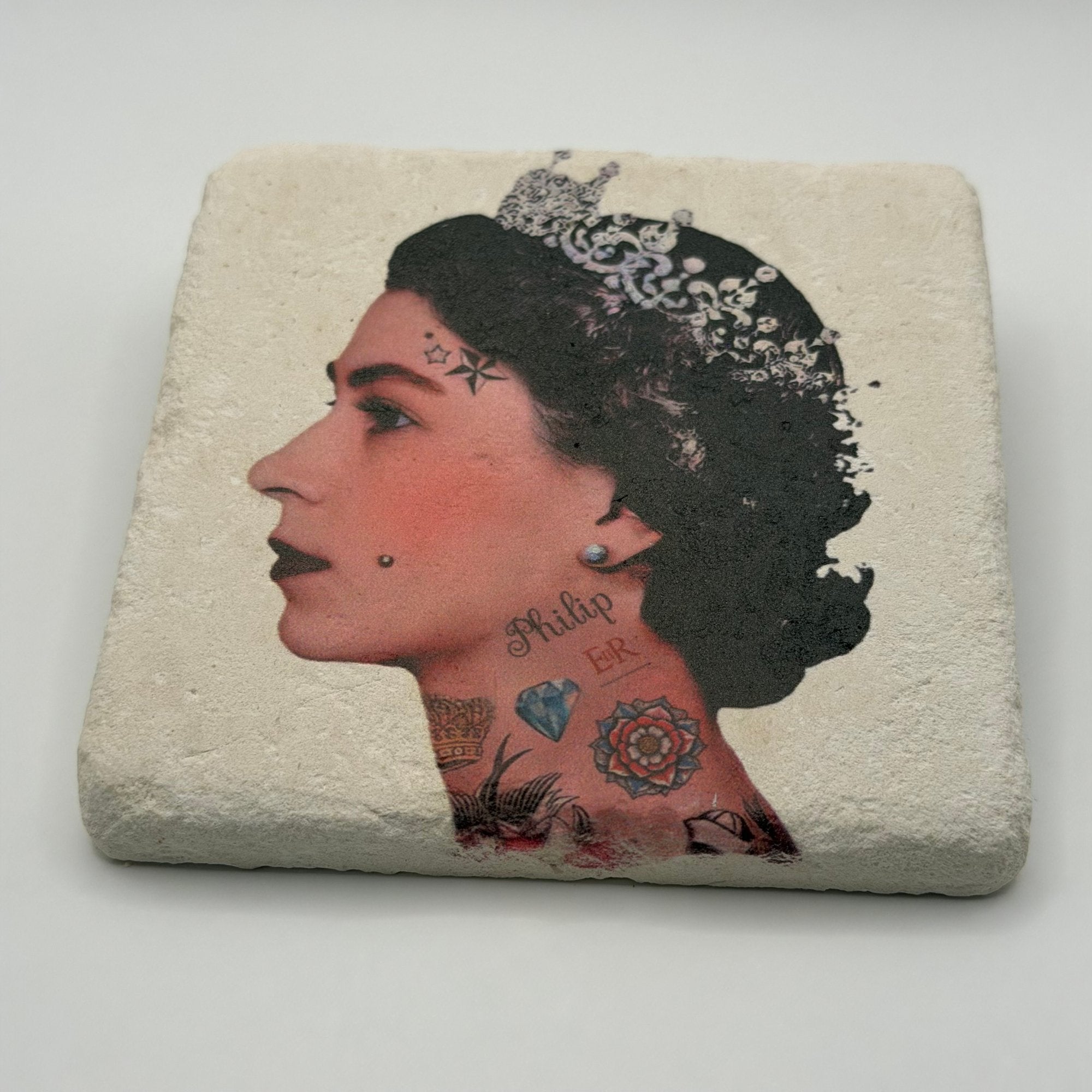 Queen Elizabeth II portrait printed on square travertine stone coaster