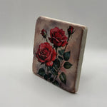 Vintage red rose illustration printed on square travertine stone coaster