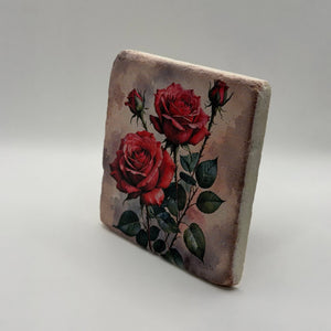 Vintage red rose illustration printed on square travertine stone coaster