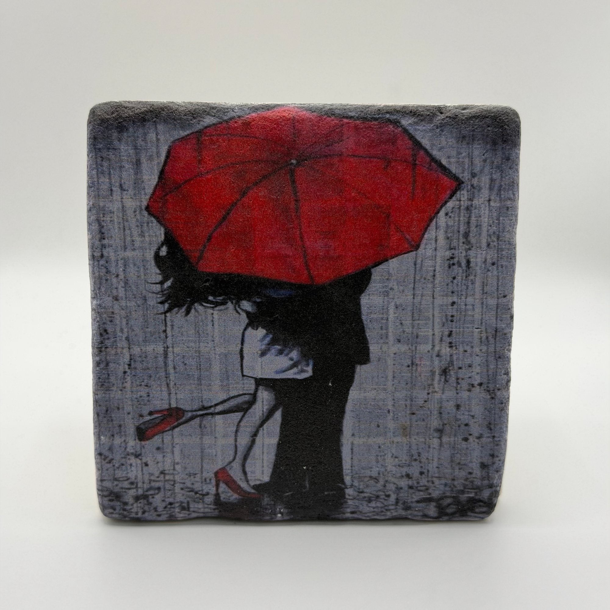 Red umbrella artwork printed on square natural travertine stone coaster