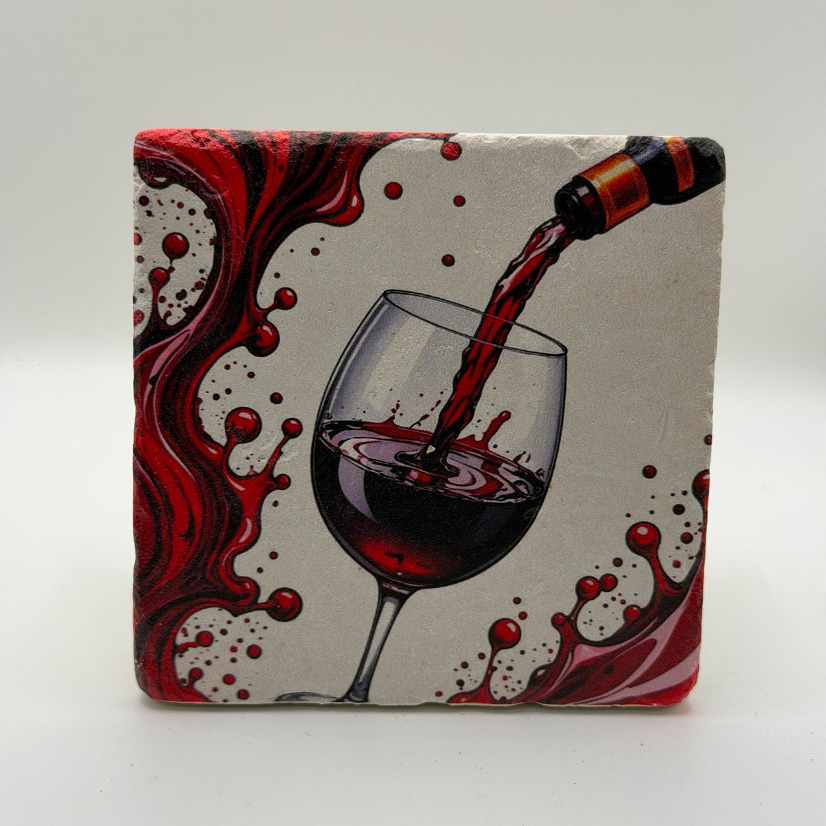 Red wine artwork printed on square travertine stone coaster