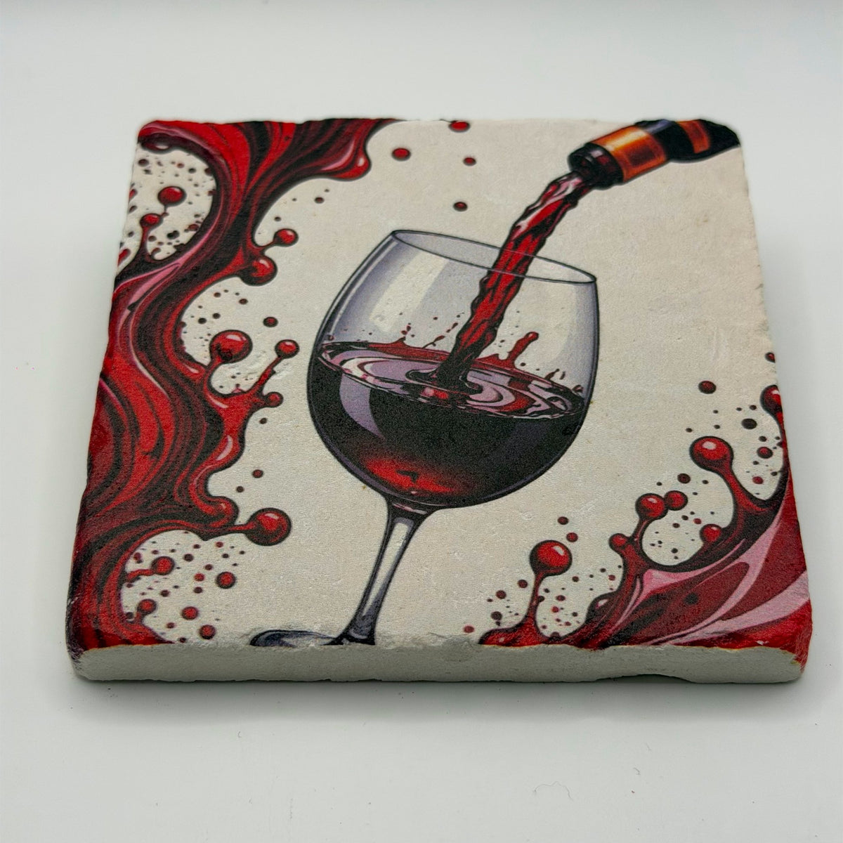 Red wine artwork printed on square travertine stone coaster