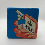 Relaxation-themed cigarette artwork printed on square travertine stone coaster