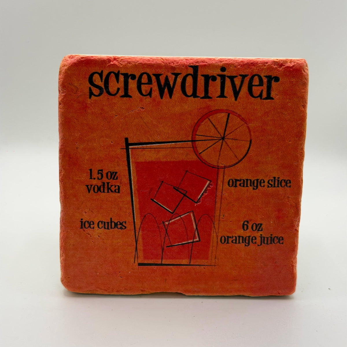 Classic screwdriver cocktail artwork printed on square travertine stone coaster