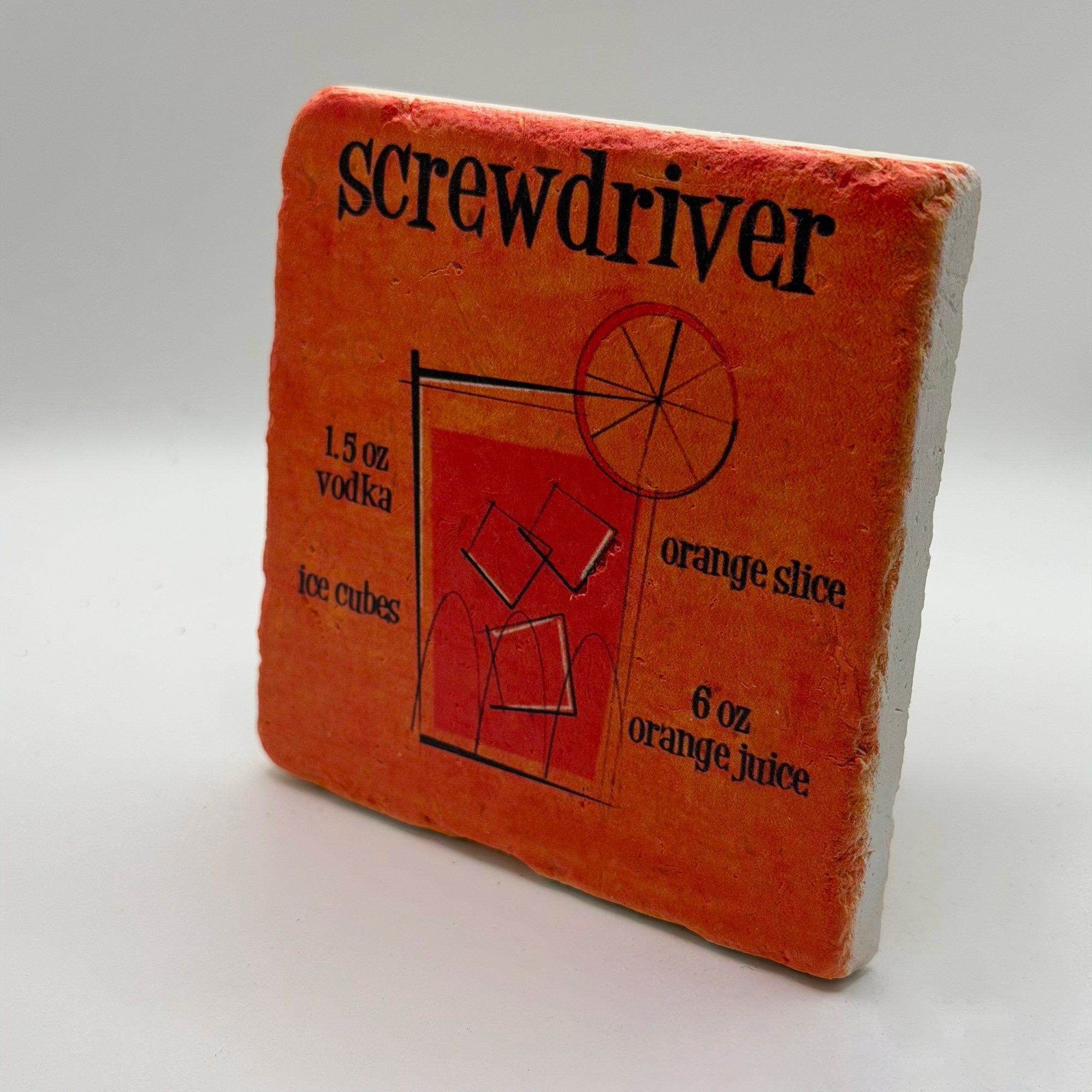 Classic screwdriver cocktail artwork printed on square travertine stone coaster