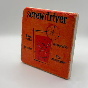 Classic screwdriver cocktail artwork printed on square travertine stone coaster