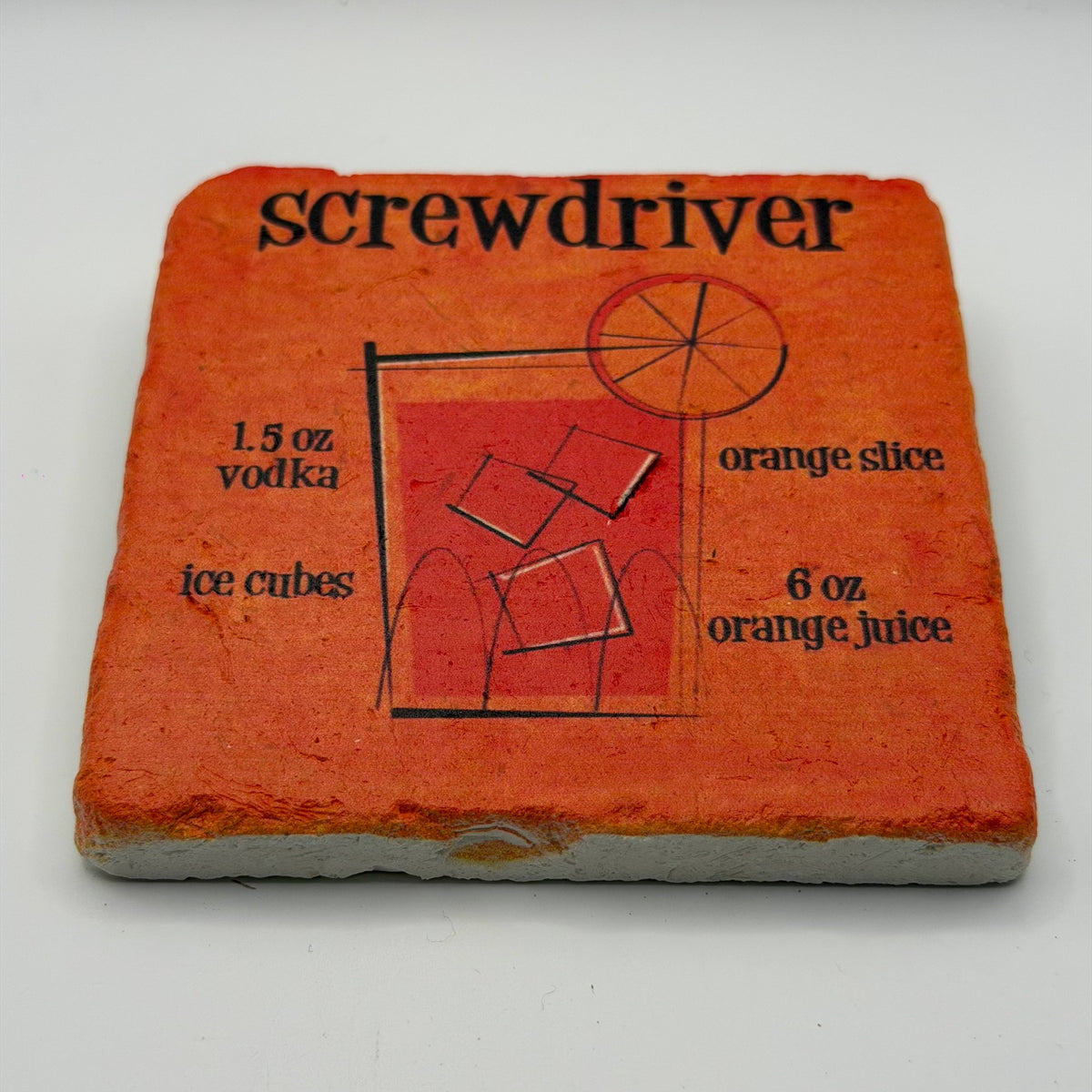 Classic screwdriver cocktail artwork printed on square travertine stone coaster