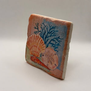 Seashell design printed on square travertine stone coaster