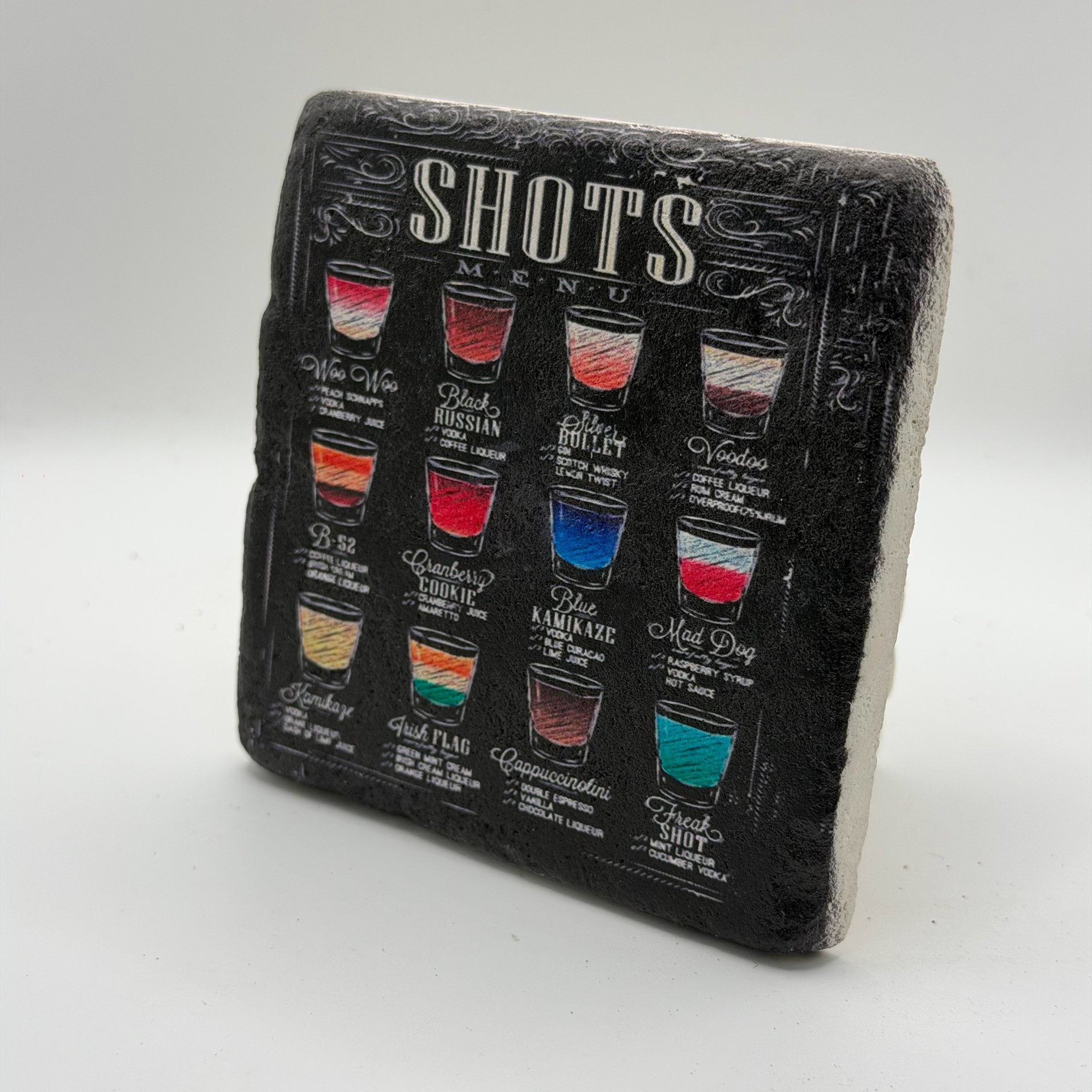 Menu-style design printed on square travertine stone coaster
