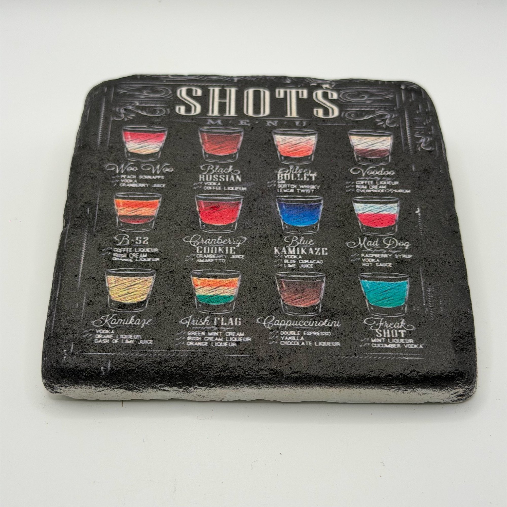 Menu-style design printed on square travertine stone coaster