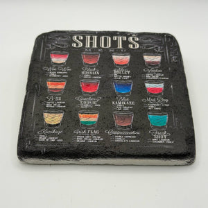 Menu-style design printed on square travertine stone coaster