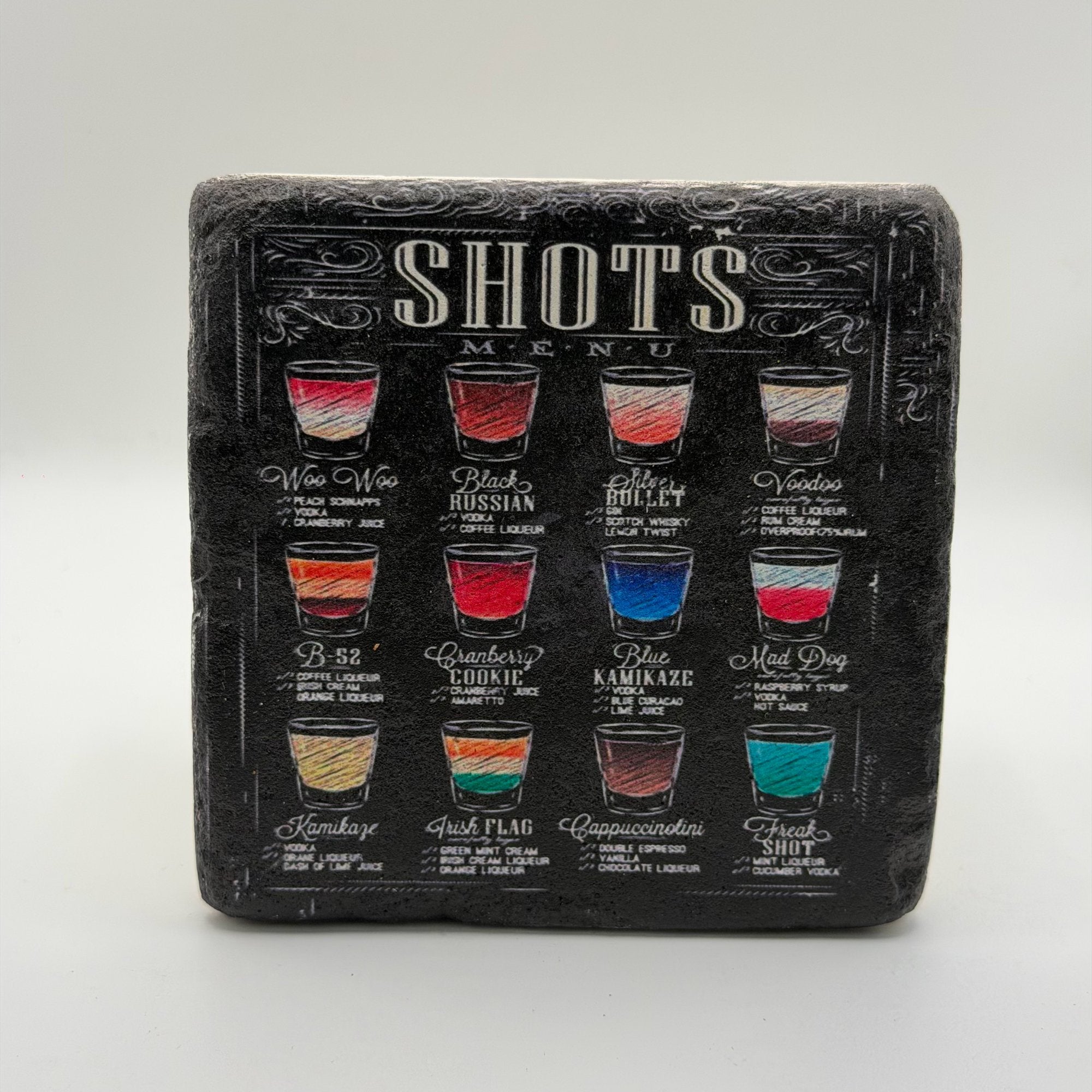 Menu-style design printed on square travertine stone coaster