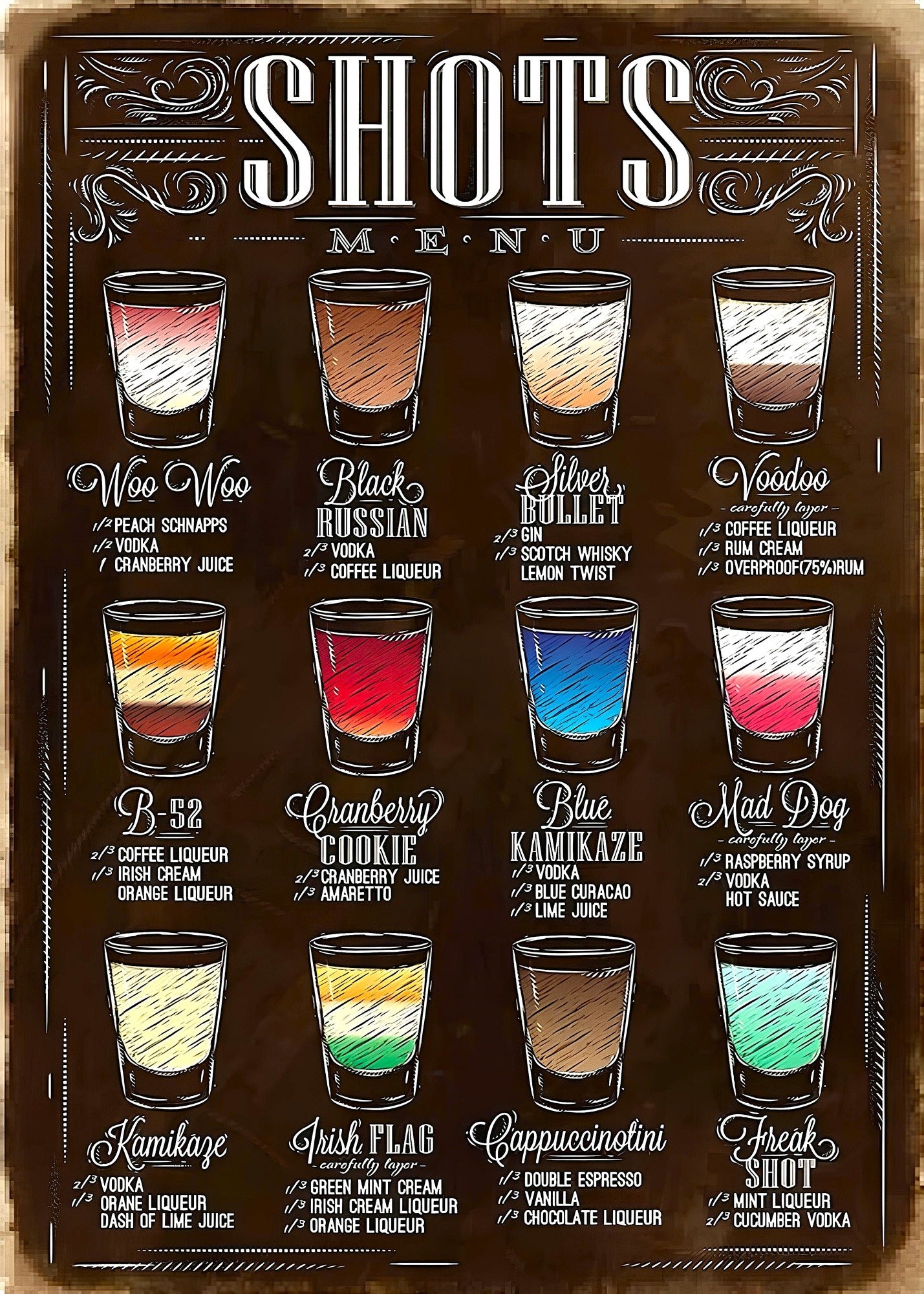 Cocktail recipes design displayed as a decorative chalkboard MDF wall sign