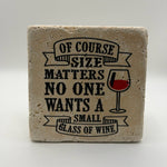 Funny size-related artwork printed on square natural travertine stone coaster