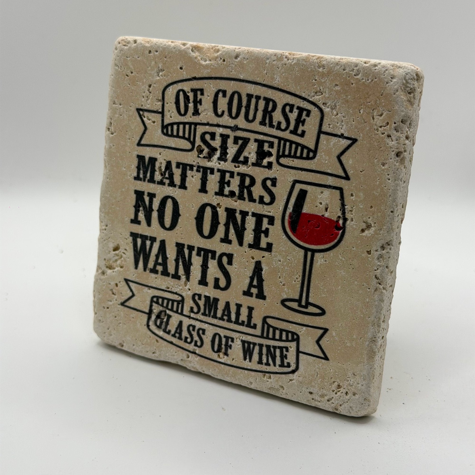 Funny size-related artwork printed on square natural travertine stone coaster