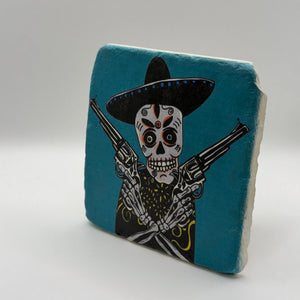 Gothic skeleton gunfighter artwork printed on square travertine stone coaster